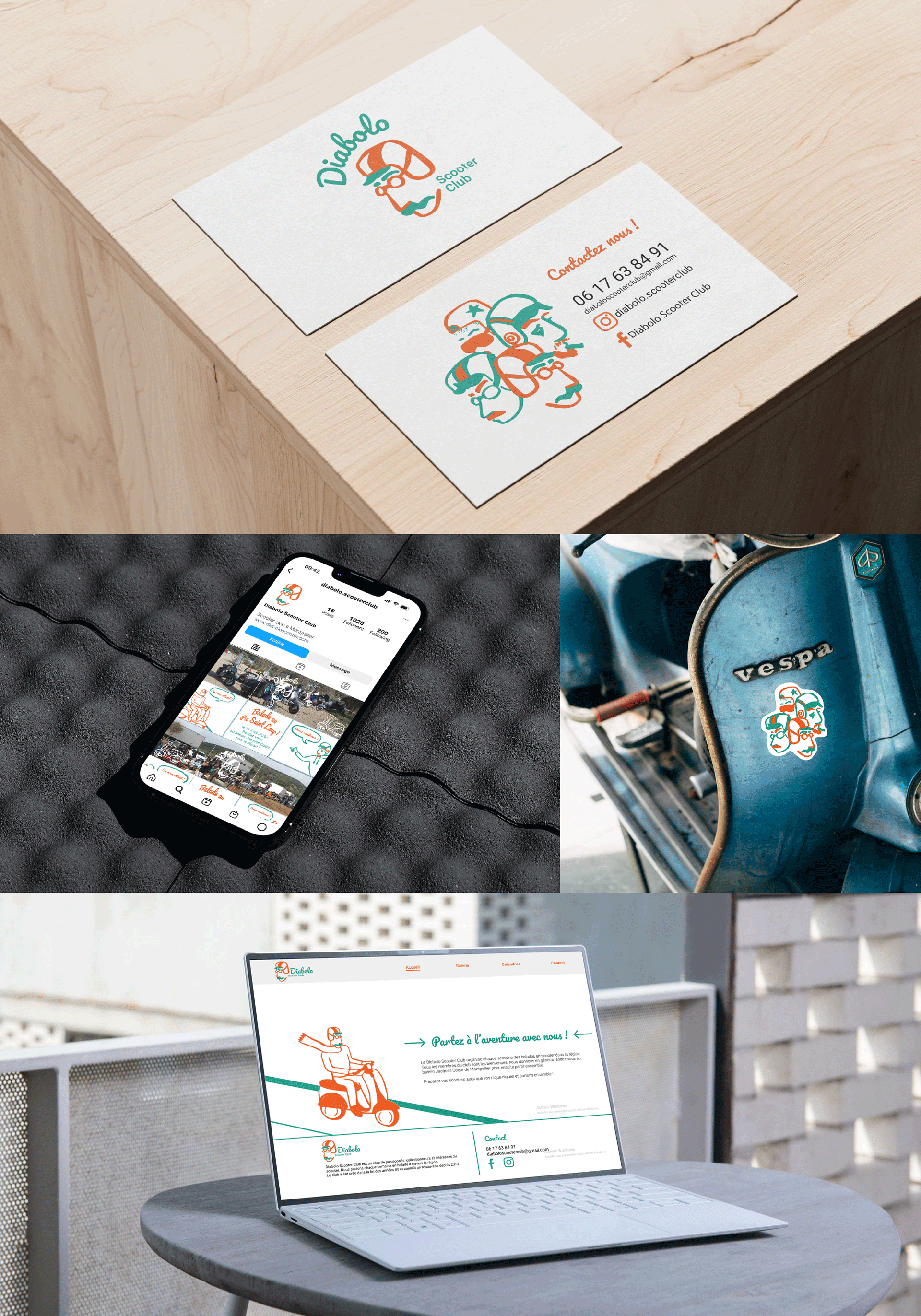 L'identité visuelle de Diabolo Scooter Club déclinée sur différents supports de communication.