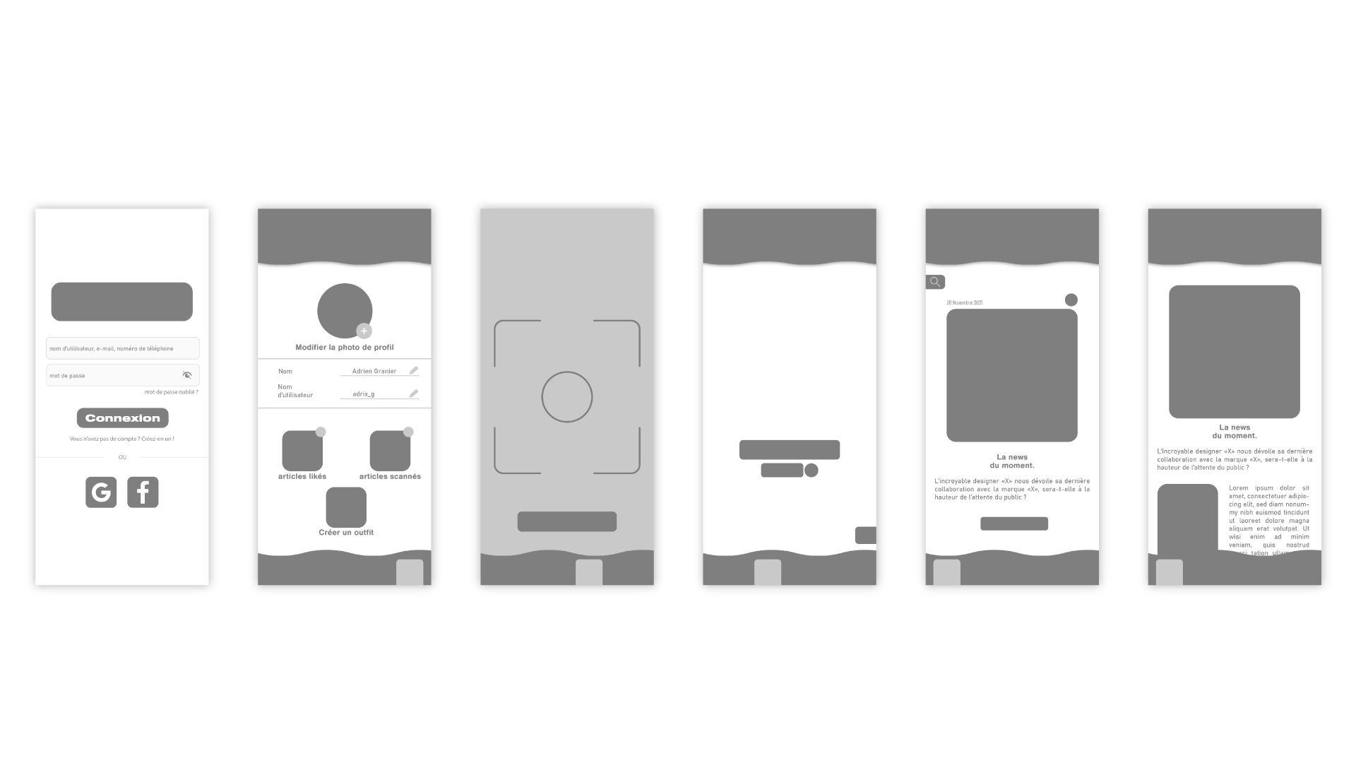 La wireframe de l'application Wassup.